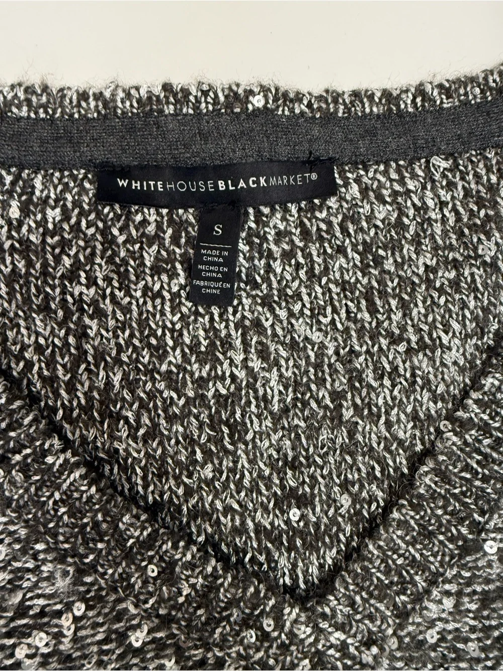 White House Black Market Charcoal V-Neck Speckled Knit Sweater